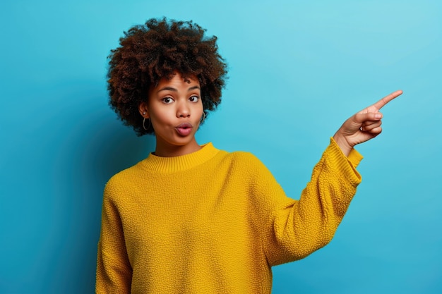 Afro Woman Gives Direction In Yellow Sweater On Blue Background