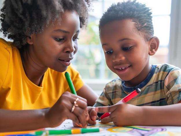 An afro woman and his child are drawing together