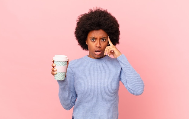 Afro woman looking surprised, open-mouthed, shocked, realizing a new thought, idea or concept. coffee concept