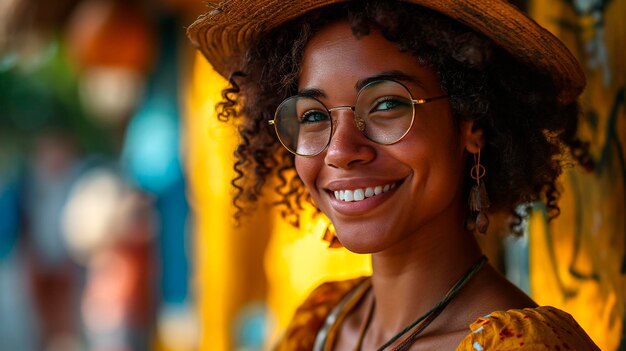 Donna afro con i capelli ricci che indossa un cappello di paglia e occhiali da prescrizione