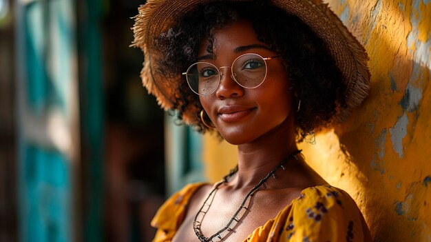 Afro woman with curly hair wearing a straw hat and prescription glasses