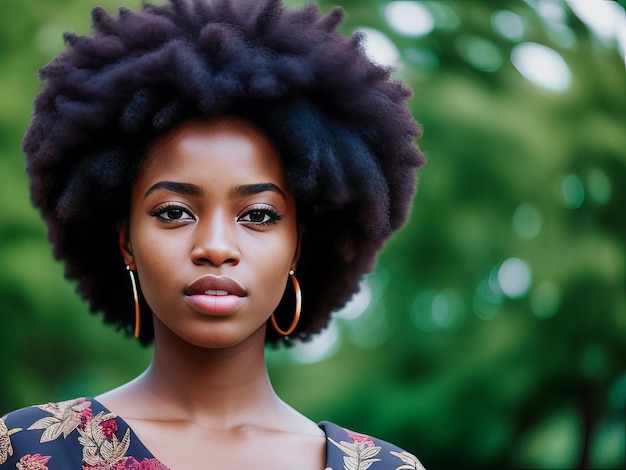 A afro woman with a natural haircut stands in front of a green background
