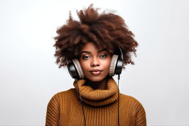 Foto la giovane donna afro ascolta musica vestita con abiti alla moda