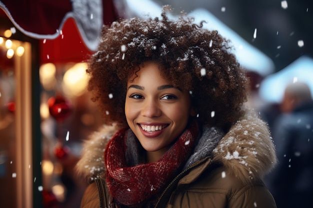Афро молодая женщина наслаждается снегом Генеративный ИИ
