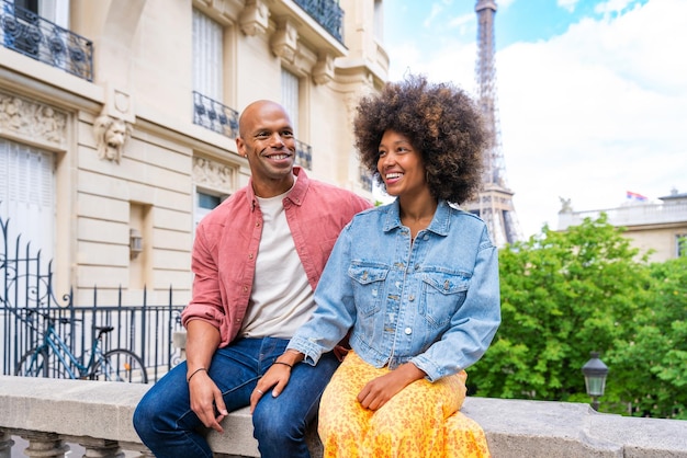 Afroamerican beautiful couple in love visiting Paris