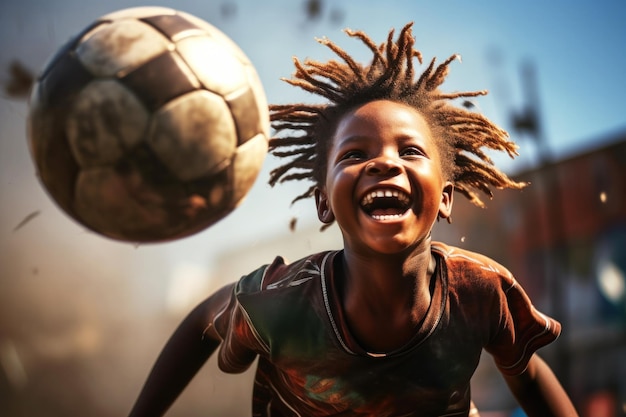 Afroamerican boy with dreadlocks playing football with his ball Generative ai