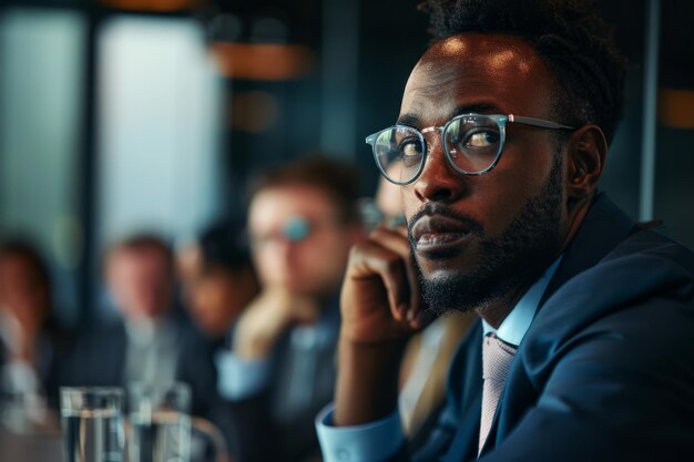 An AfroAmerican businessman attentively listens to a discussion amidst a corporate meeting