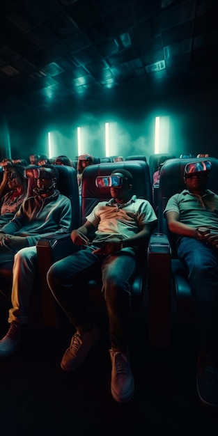 Photo afroamerican men wearing virtual reality glasses sit relaxed in the chairs in modern cinema neon light lamps at backdrop generative ai
