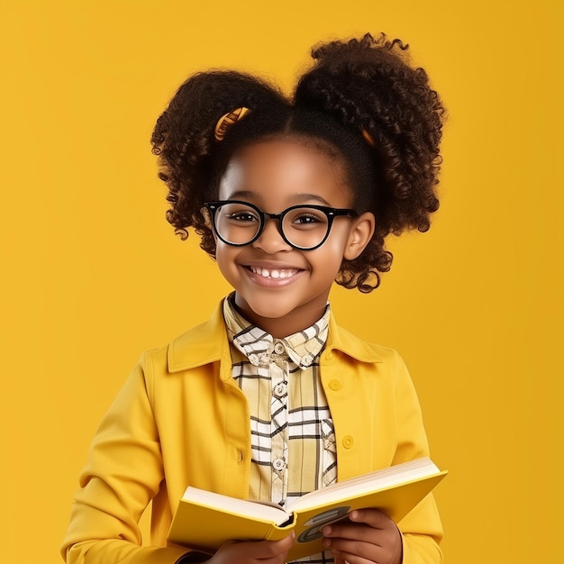 Afroamerican school girl kids 7 years in glasses and with book om head funny smiling looking