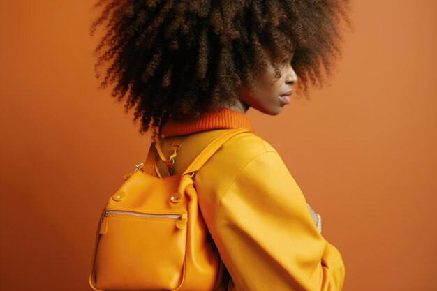 Photo afroamerican woman wearing orange clothing and bag orange background