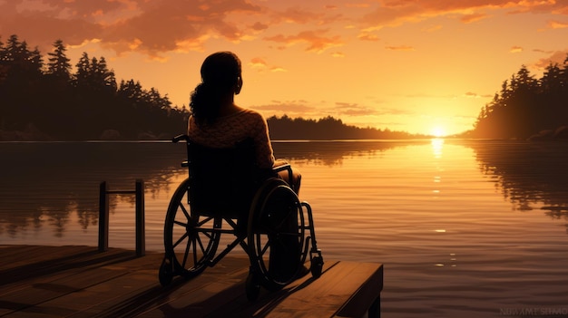 Afroamerican woman in a wheelchair in sunset at the lake