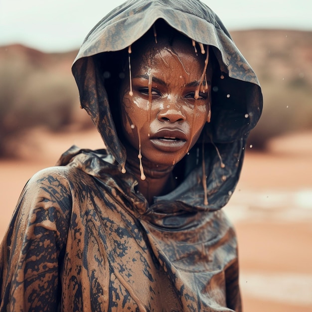 afroamericana modelo bella con capucha goteando barro en cuerpo y ropa fondo Africa desierto