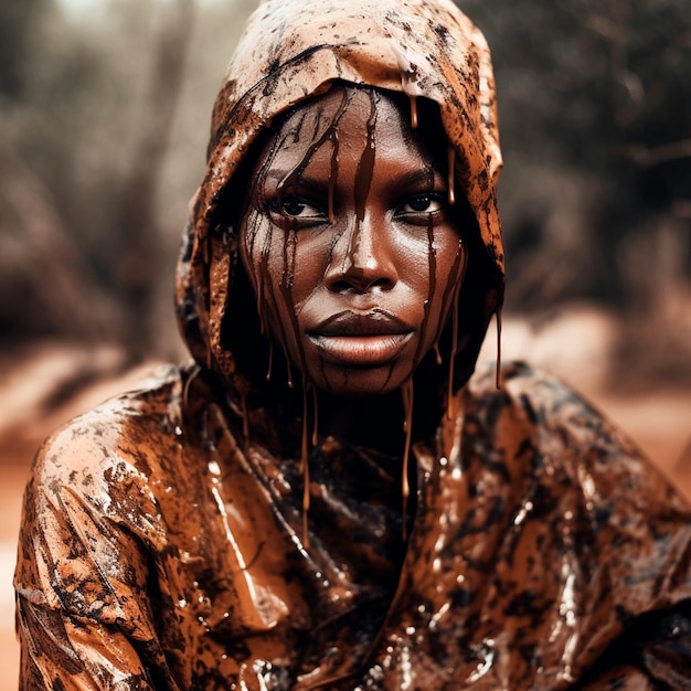 afroamericana modelo bella con capucha goteando barro en ropa y cuerpo fondo Africa desierto