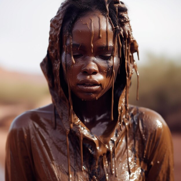 Photo afroamericana modelo bella goteando barro en cara cuerpo ojos cerrados fondo africa desierto