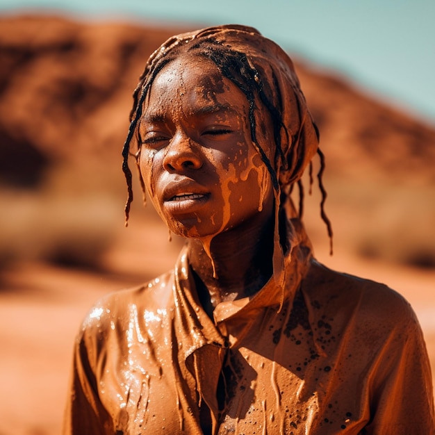 afroamericana modelo bella goteando barro en cara cuerpo y mirada fuerte fondo Africa desierto