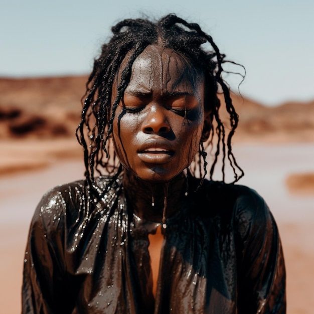 afroamericana modelo bella ojos cerrados goteando barro marron en ropa y cuerpo Africa desierto