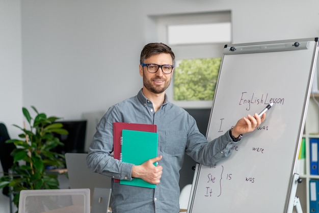 Afstandsonderwijs concept volwassen mannelijke tutor die Engelse les geeft op het bord in kantoor