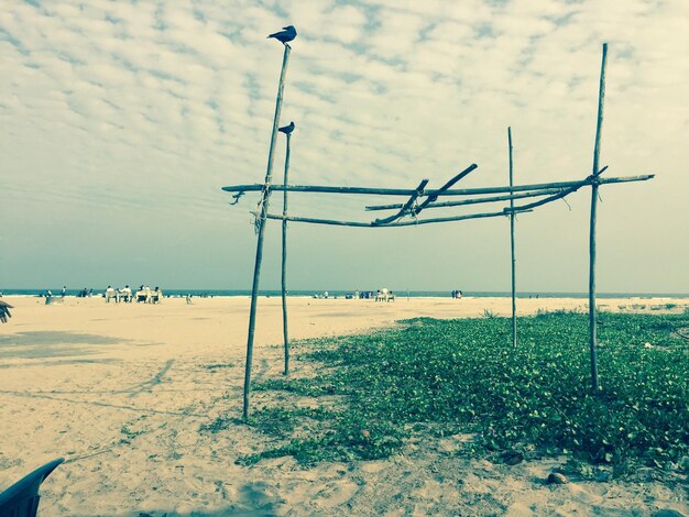 Foto afstandsopname van mensen die op het strand lopen.