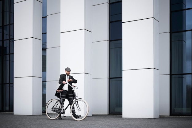 Afstandsschot man met fiets horloge kijken