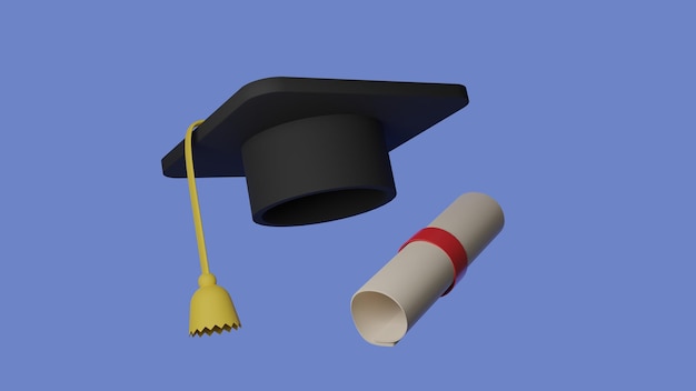 Afstudeerhoed en diploma op blauwe achtergrond Afstudeerconcept van de universiteit