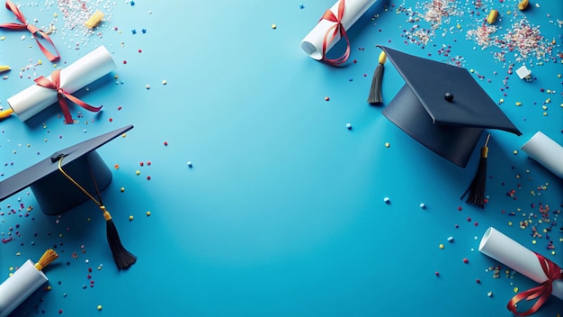 Afstudeerhoed en diploma op blauwe achtergrond met confetti