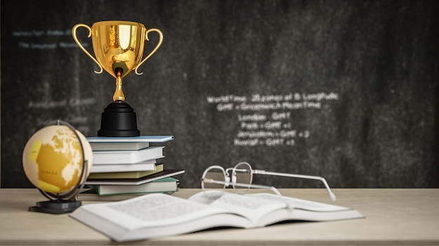 Afstudeerhoed met gouden trofee op houten tafel met schoolbord achtergrond 3D illustratie weergave