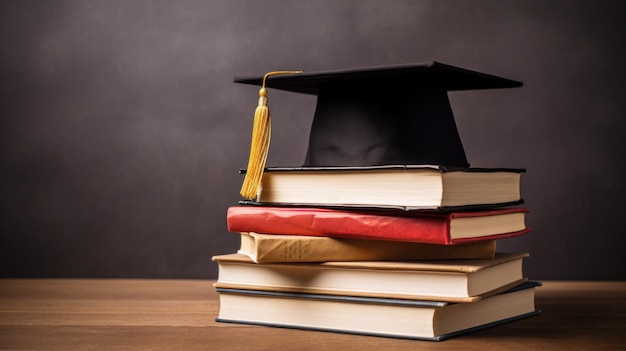 Afstudeerkap op een stapel boeken op een houten tafel