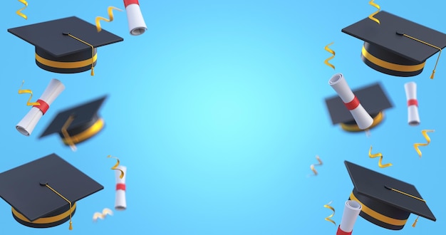 afstuderen achtergrond met mortelplaten en diploma 3d render