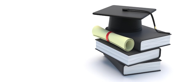 Afstuderen College gediplomeerde cap boeken en diploma geïsoleerd op witte ruimte 3d illustratie