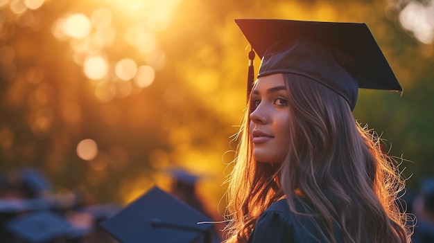 Afstuderen dag achteruitzicht van Aziatische vrouw met afstuderen pet en jas met diploma succes concept