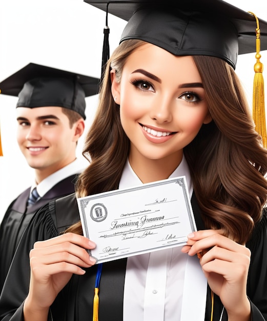 Foto afstuderen het behalen van een diploma of diploma geïsoleerd op een witte achtergrond