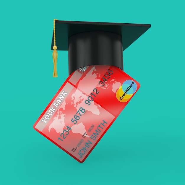 Afstuderen hoed over creditcard op een groene achtergrond. 3d-rendering