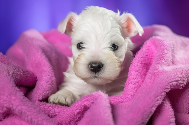 After bathing a West Highland White Terrier puppy on a purple backdrop Dog wrapped in a towel and bathed with soap bubbles Pet grooming idea Space has been copied text placement