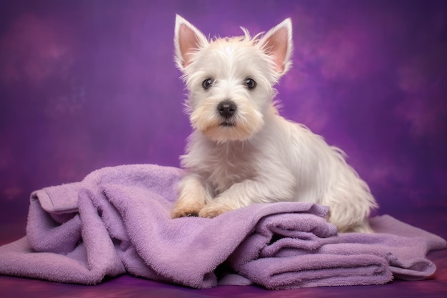 After bathing a West Highland White Terrier puppy on a purple backdrop A lavender towel is wrapped around a puppy Pet grooming idea Space has been copied text placement