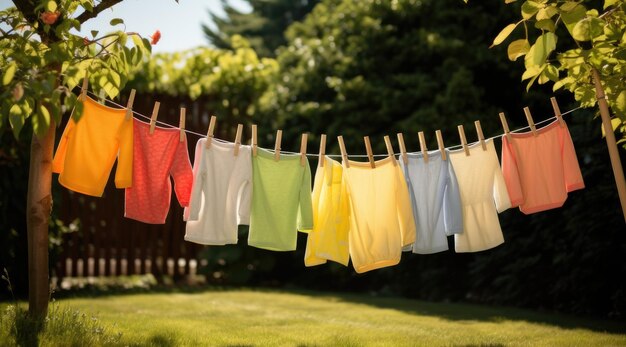 After being washed children colorful clothes dried outdoor generative ai