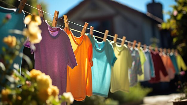 After being washed childrens colorful clothing dries on a clothesline in the yard outside in the sunlight Generative AI