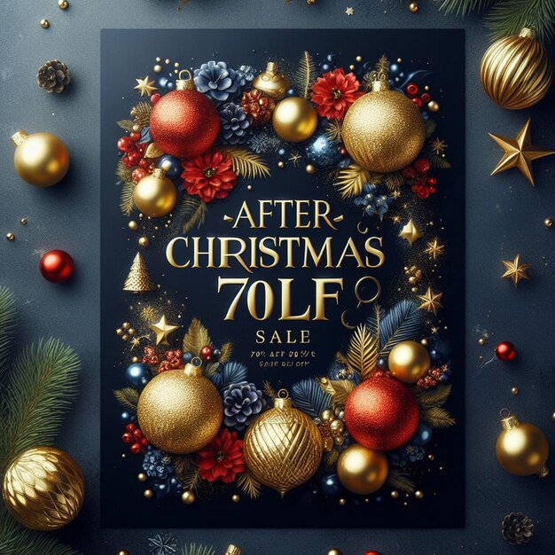 Photo after christmas sale flyer adorned with golden and red baubles dark blue background