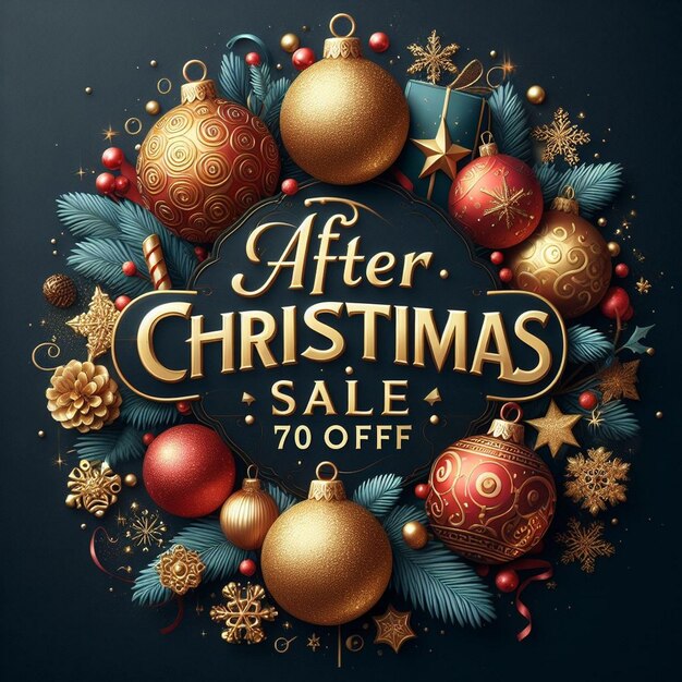 After Christmas Sale flyer adorned with golden and red baubles dark blue background