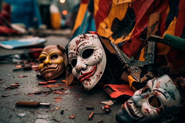 После вечеринки карнавальные маски, оставленные на полу, раскрывают последствия веселья, путаницы и боев среди развлекателей.