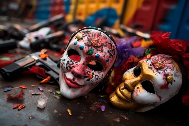 After the party carnival masks abandoned on the floor reveal the aftermath of the revelry confusion and fights among revelers