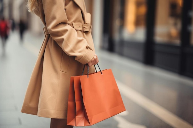 ショッピングの後 ⁇ ショッピングバッグを運ぶ女性のクローズアップ写真