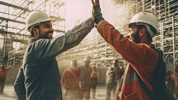 After successfully completing a building project a construction worker and structural engineer give a high five Generative AI