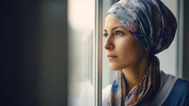After treatment a cancer patient woman wears a head scarf hospital Generative AI