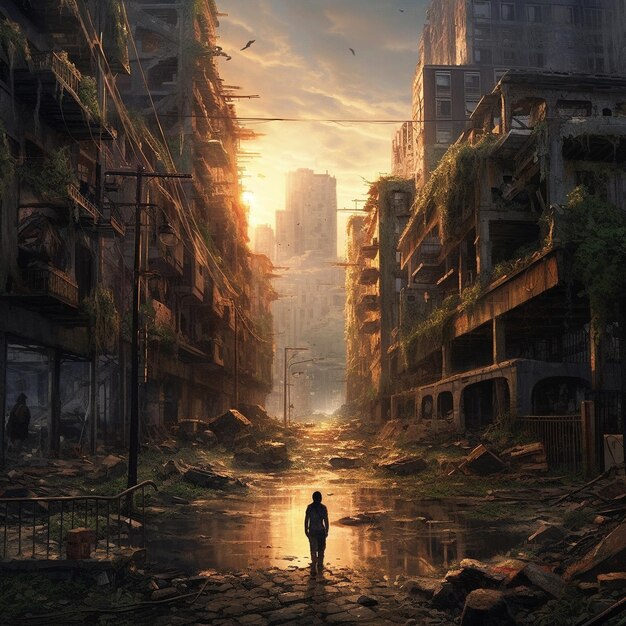 After war derstoyed empty city And survivers photo