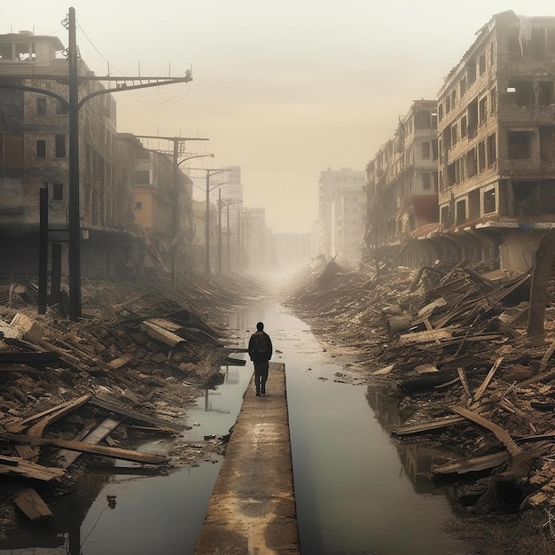 After war derstoyed empty city And survivers photo