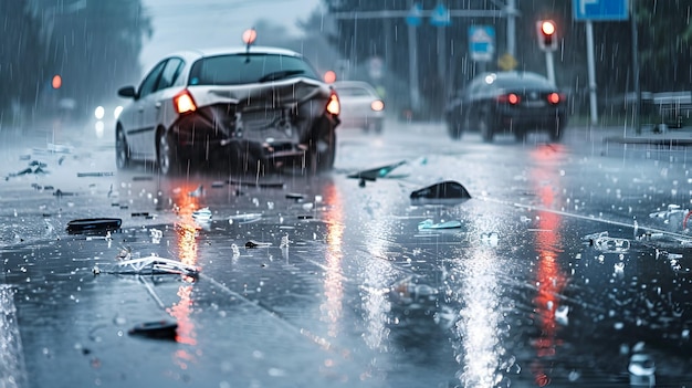 Aftermath of a Car Accident in the Rainy City StreetHighlighting the Need for Increased Safety and Caution on the Roads