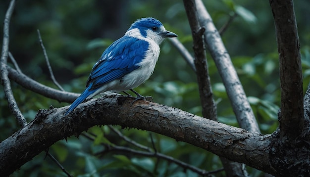 写真 嵐の後,青と白の鳥は,壊れた木の枝に座って,暗から現れます.