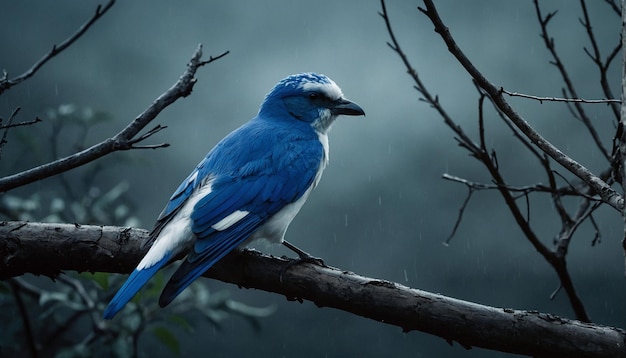 Aftermath of a storm the blue and white bird emerges from the gloom perched on a broken tree branch