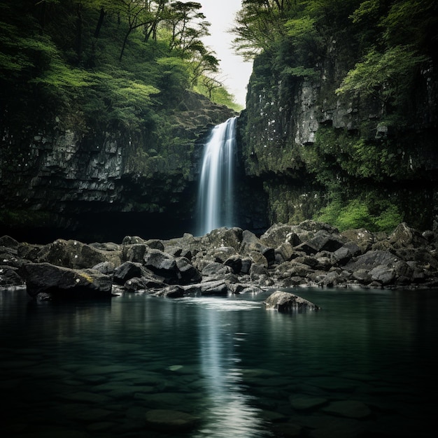 午後のカスケード輝く滝の風景