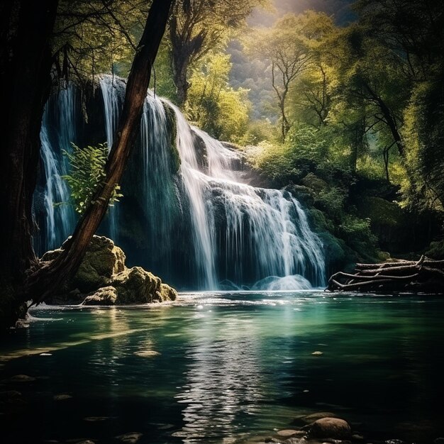 Foto paesaggio della cascata radiante del pomeriggio